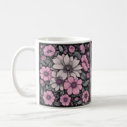 Mug de fleurs roses, noires et blanches (Gauche)