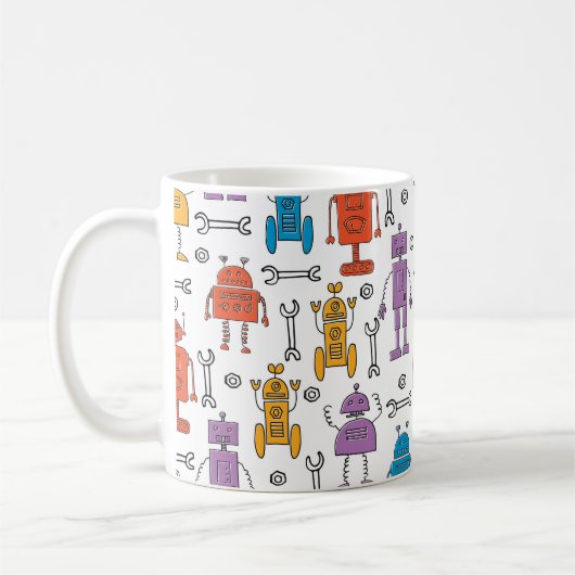 Mug De mignons robots à doodle. Motif sans couture. Ch (Gauche)