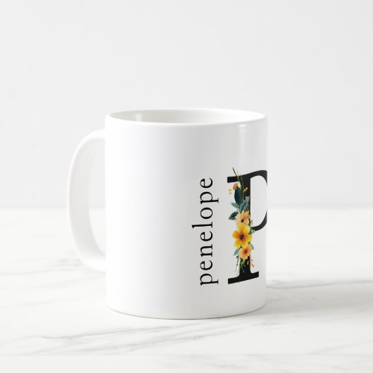 Mug de monogramme de P floral avec nom modifiable (Devant gauche)