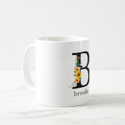 Mug de monogramme floral B avec nom modifiable (Devant gauche)