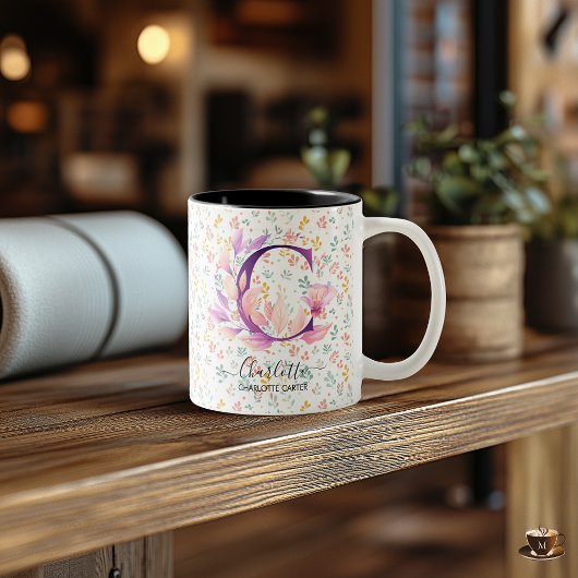 Mug de monogramme floral chic Boho personnalisé -