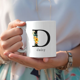 Mug de monogramme floral D avec nom modifiable