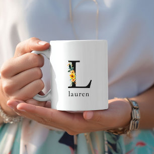 Mug de monogramme floral L avec nom modifiable