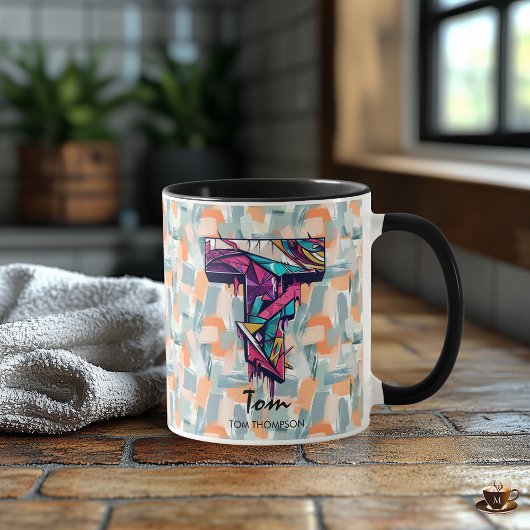 Mug de monogramme géométrique vibre - T pour Tom
