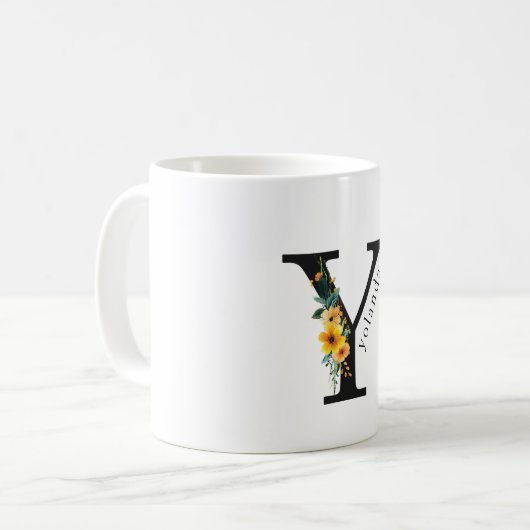 Mug de monogramme Y floral avec nom modifiable (Devant gauche)