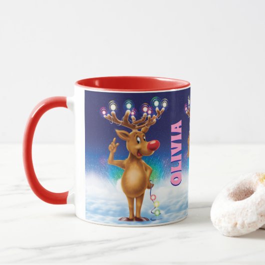 Mug de Noël personnalisé, Rudolph et lumières. Mug (Avec donut)