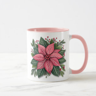 Mug de Noël rose Poinsettia avec un feuillage fest