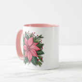 Mug de Noël rose Poinsettia avec un feuillage fest (Devant gauche)