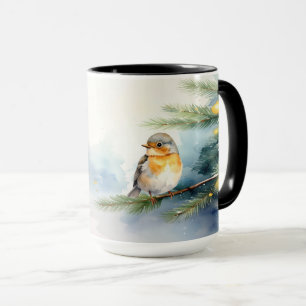 Mug de vacances Robin aquarelle sur une branche de