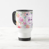 Mug De Voyage 21e anniversaire fleurs roses nom pourpre (Devant gauche)