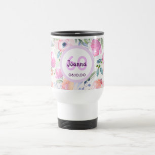 Mug De Voyage 60e anniversaire fleurs roses nom pourpre