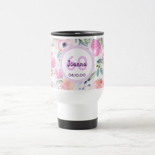 Mug De Voyage 60e anniversaire fleurs roses nom pourpre (Centre)