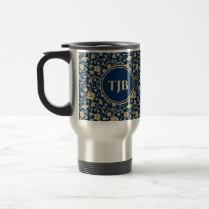 Mug de voyage à fleurs bleu marine personnalisé en