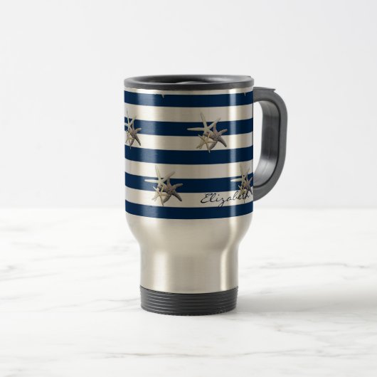 Mug De Voyage Aimable Starfish, Bleu Marine Bleu Bandes Personna (Devant droit)