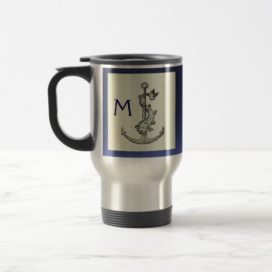 Mug De Voyage ANTIQUE ANCRE & POISSON NAUTIQUE Marine Blue Monog (Gauche)
