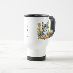 Mug De Voyage Aquarelle Kitten en Fleurs Jaunes Personnalisé