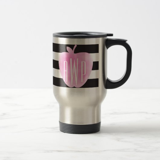 Mug De Voyage Aquarelle rose monogramme Apple + rayures (Droit)