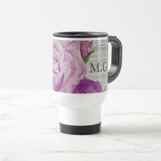Mug De Voyage Aquarelle rustique violet Rose Monogramme bois (Devant droit)