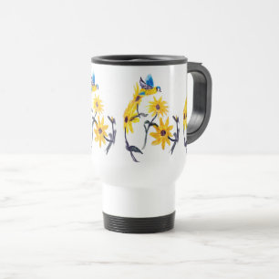 Mug De Voyage Art Floral Oiseaux, Fleurs de soleil bleu Tit