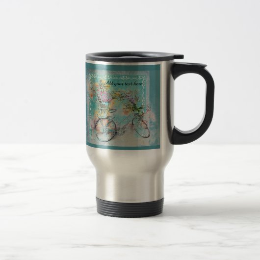 Mug De Voyage Bicycle with flower baskets on blue burlap (Droit)