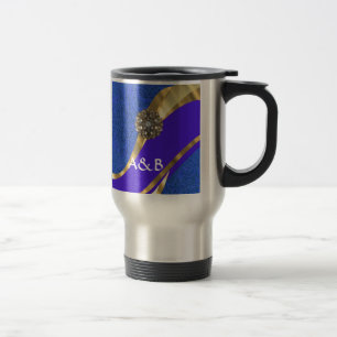 Mug De Voyage Bleu floral damas & ruban doré