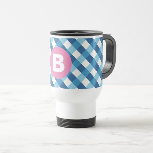 Mug De Voyage Blue and White Plaid Checked Pink Monogram (Devant droit)