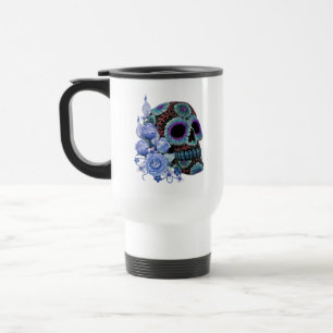 Mug De Voyage Blue Floral Black Sugar Skull Jour des morts