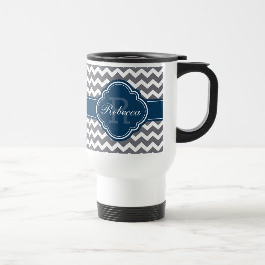 Mug De Voyage Blue Quatrefoil Monogram Grey Chevron Motif (Droite)