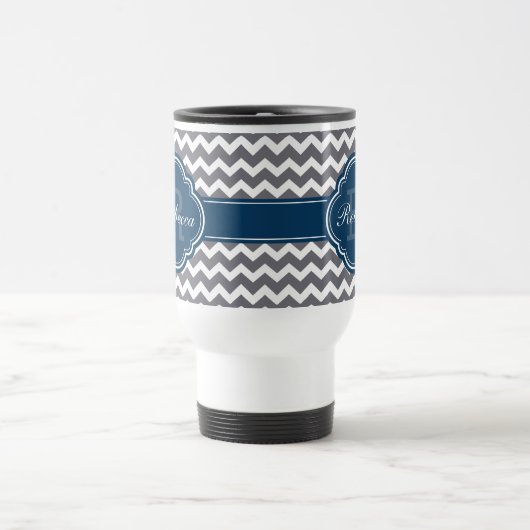 Mug De Voyage Blue Quatrefoil Monogram Grey Chevron Motif (Centre)