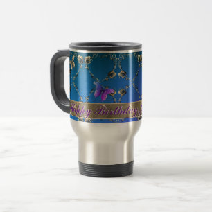 Mug De Voyage Blue Romantic Rose Coeurs et Papillon Texte