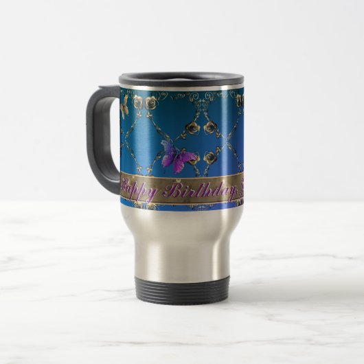 Mug De Voyage Blue Romantic Rose Coeurs et Papillon Texte (Devant gauche)