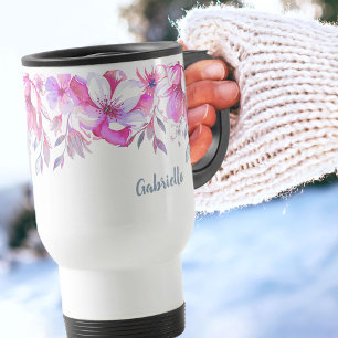 Mug De Voyage Bordure de fleurs roses et nom en écriture manuscr