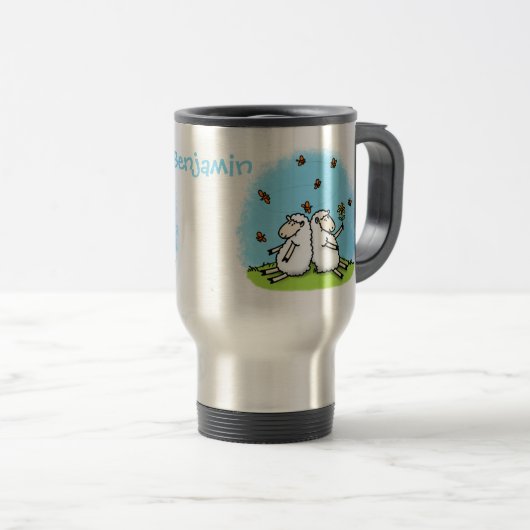 Mug De Voyage Caricature de moutons mignons amis et papillons (Devant droit)