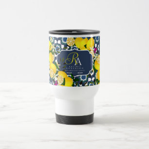 Mug De Voyage Carreaux Méditerranéens au Citron Bleu Marine Blan