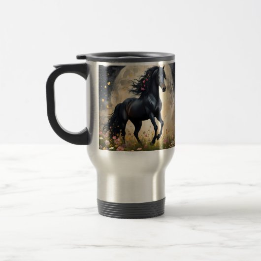 Mug De Voyage Champ de fleur de lune de cheval noir, (Gauche)