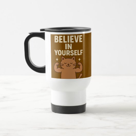 Mug De Voyage Chat Flexing Motivationnel - "Croyez en vous-même" (Gauche)