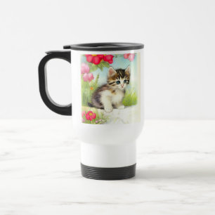 Mug De Voyage Chaton vintage blanc et marron avec des fleurs