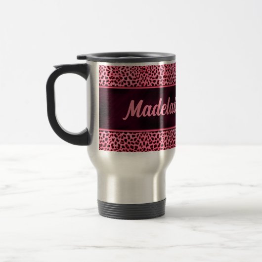 Mug De Voyage Cheetah rose personnalisé avec nom (Gauche)