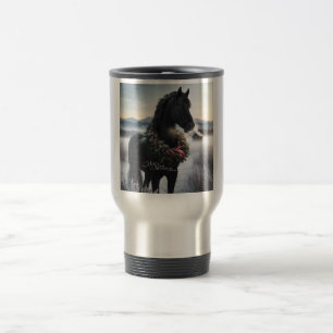 Mug De Voyage Cheval noir dans la neige avec couronne de Noël