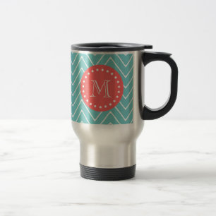 Mug De Voyage Chevron turquoise et corail avec Monogramme person