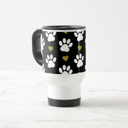 Mug De Voyage Chien Paws, White Paws, Gold Hearts, Votre Nom (Devant gauche)