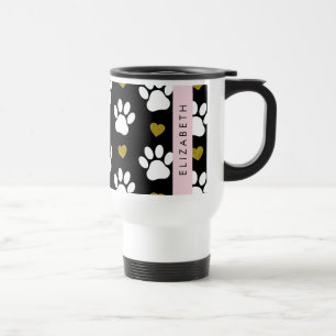 Mug De Voyage Chien Paws, White Paws, Gold Hearts, Votre Nom