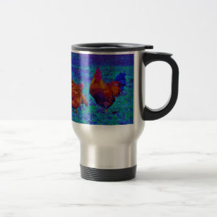 Mug De Voyage Coq et poules arc-en-ciel, bleu électrique