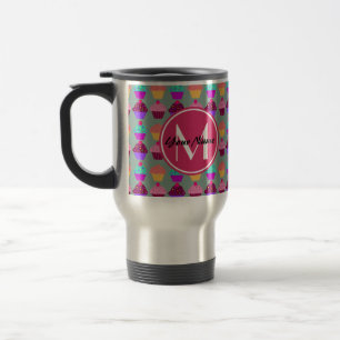 Mug De Voyage Cupcake rose Nom personnalisé, Monogramme personna