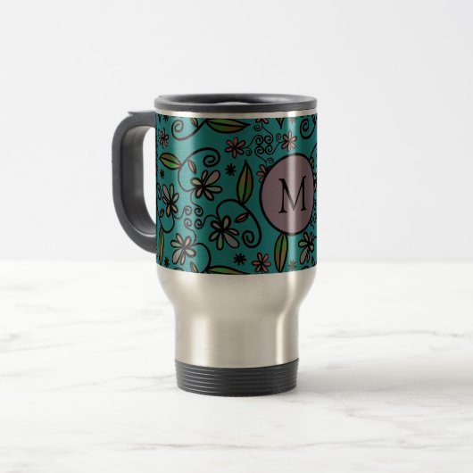 Mug De Voyage Cute Teal Floral Pattern Monogram (Devant gauche)