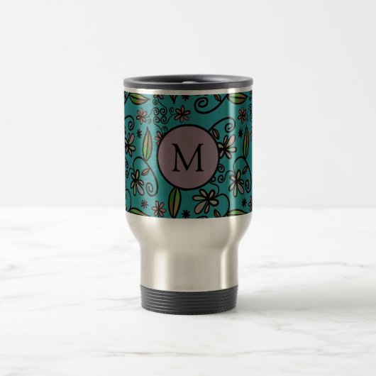 Mug De Voyage Cute Teal Floral Pattern Monogram (Centre)