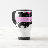 Mug De Voyage Damas, Fleurs, Noir et Blanc, Votre nom (Devant gauche)