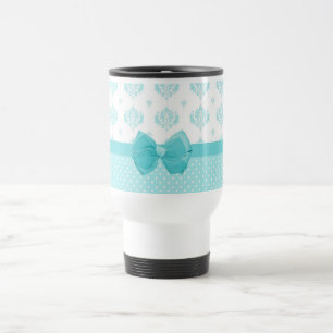 Mug De Voyage Damassé bleue d'Aqua avec le ruban de turquoise