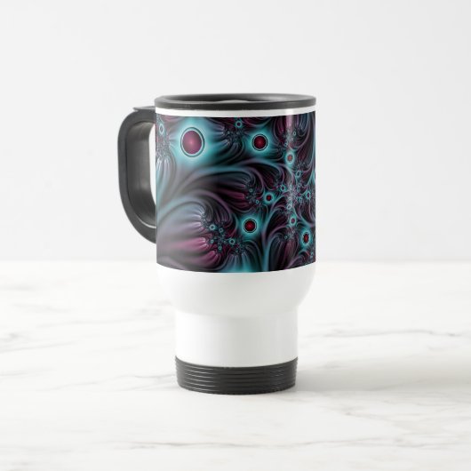 Mug De Voyage Dans la profondeur Bleu rose Abstrait Fractal Art (Devant gauche)