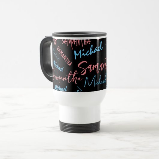 Mug De Voyage Deux noms couples motif monogramme bleu rose clair (Devant gauche)
